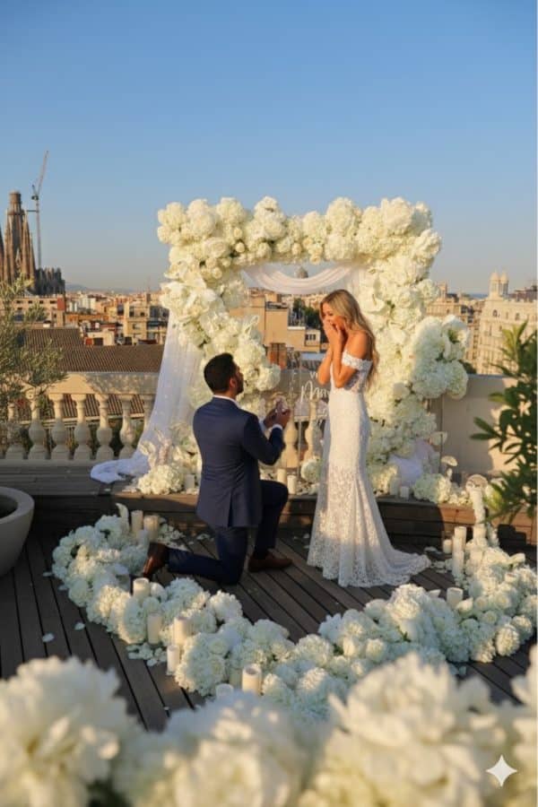 Romantic luxury marriage proposal Barcelona with stylish decor