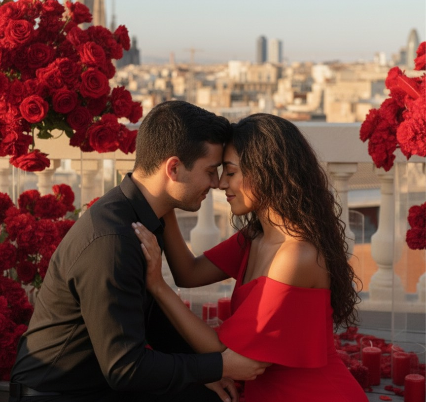 Romantic proposal on a Barcelona rooftop at sunset