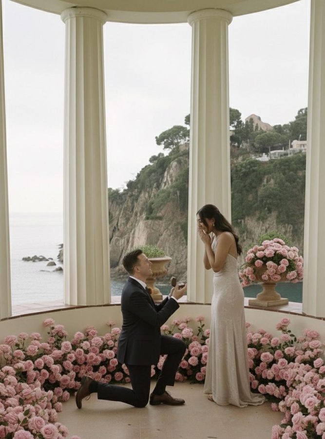 Surprise proposal at Marimurtra, surrounded by lush gardens and scenic landscapes