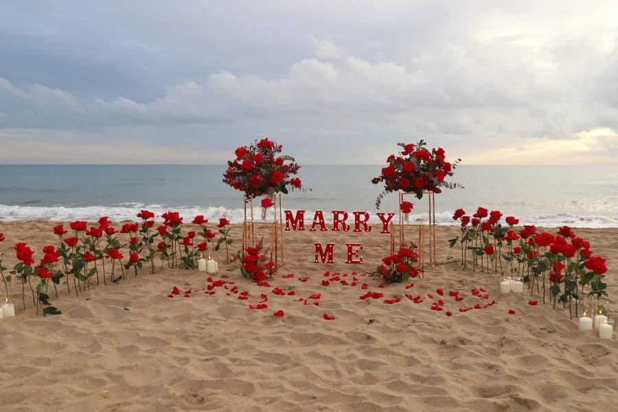 Romantic proposal on a Barcelona rooftop at sunset