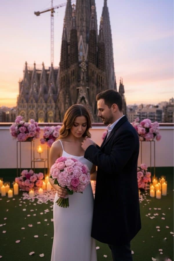 Romantic proposal on a Barcelona rooftop at sunset